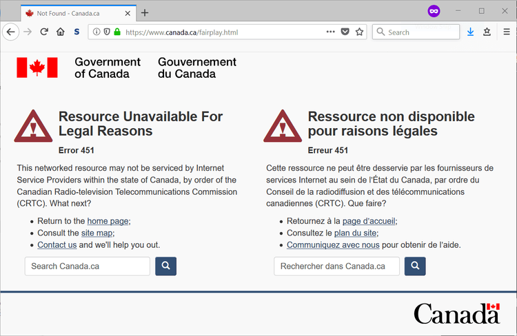 Screenshot of the government of Canada website displaying an Error 451 which reads "Resource Unavailable for Legal Reasons"